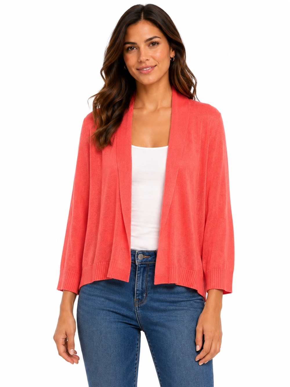 89th & Madison Coral Open Front Cardigan 3/4 Sleeve Lightweight Size M